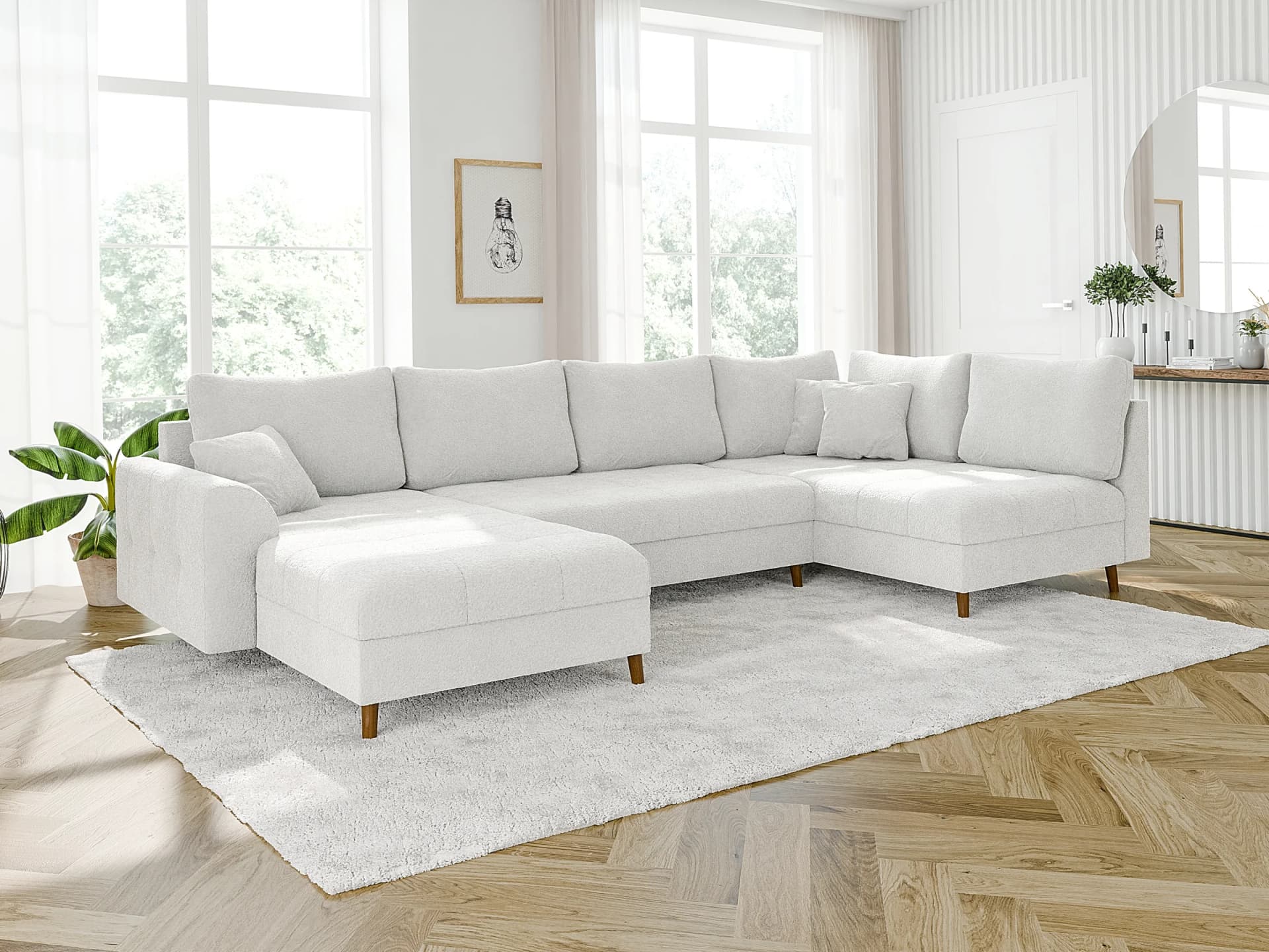 Lars - Wohnlandschaft mit Braun Holzfüßen im skandinavischen Stil aus Boucle-Stoff