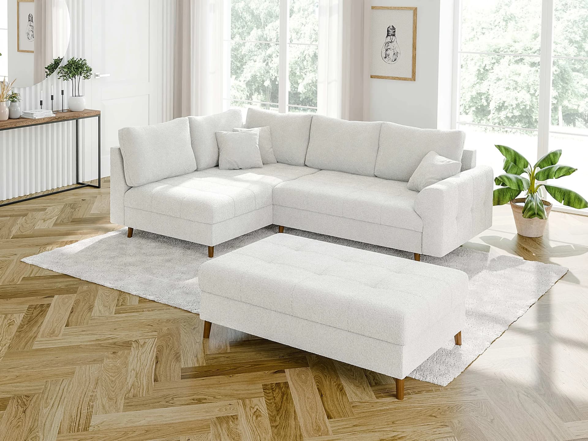 Lars - Ecksofa mit Schlaffunktion und Hocker mit Braun Holzfüßen im skandinavischen Stil aus Boucle-Stoff