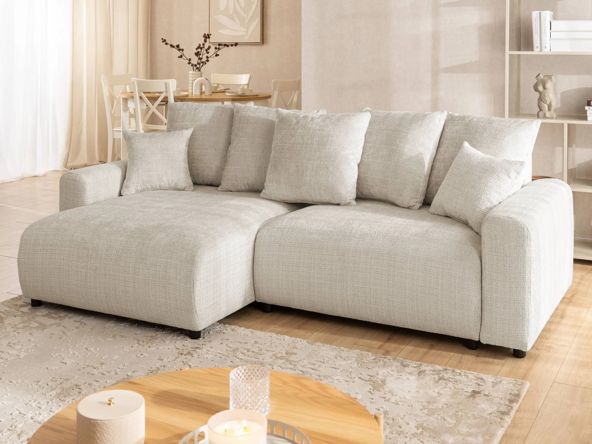 Calma - Komfortables Ecksofa im Bumpy-Design mit Schlaffunktion und Bettkasten aus weichem Chenille-Stoff