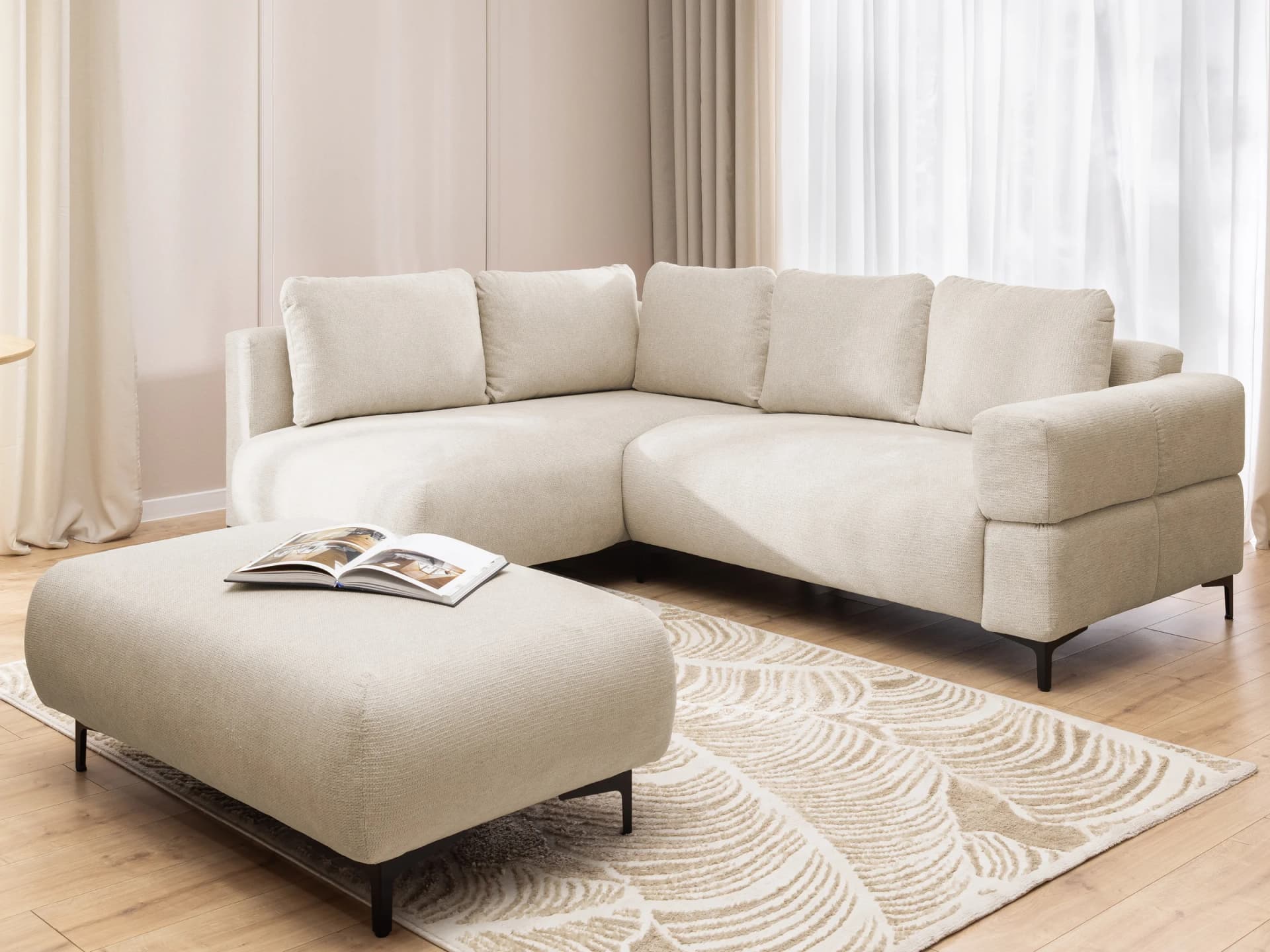 Cardea – Ecksofa und Hocker in Bubble-Optik mit Schlaffunktion aus weichem Strukturstoff und hohem Sitzkomfort