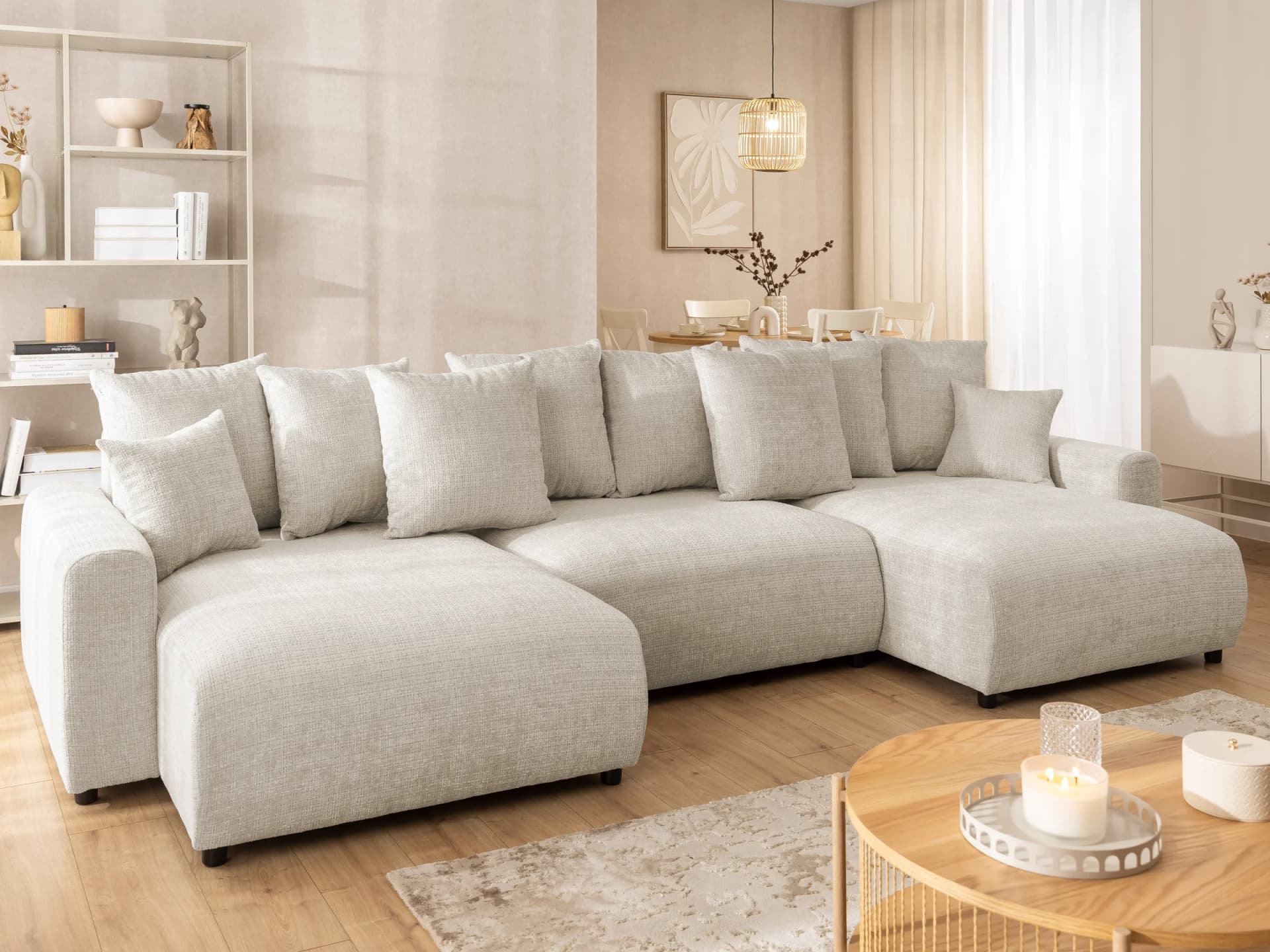 Calma – Komfortable Wohnlandschaft im Bumpy-Design mit Schlaffunktion und Bettkasten aus weichem Chenille-Stoff-