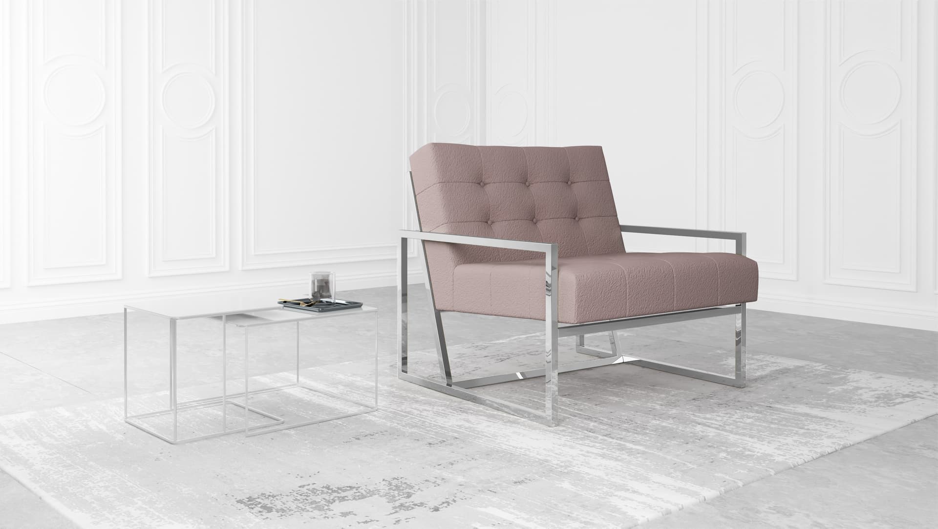 Vincent - Loungesessel mit Silber Füßen aus Bouclé-Stoff